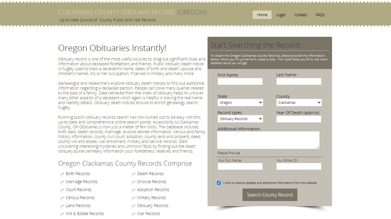 Clackamas County, Oregon Obituary Death Notice Index