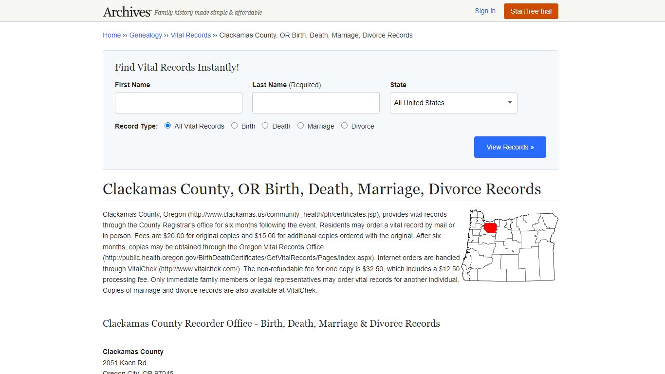 Clackamas County, OR Birth, Death, Marriage, Divorce Records